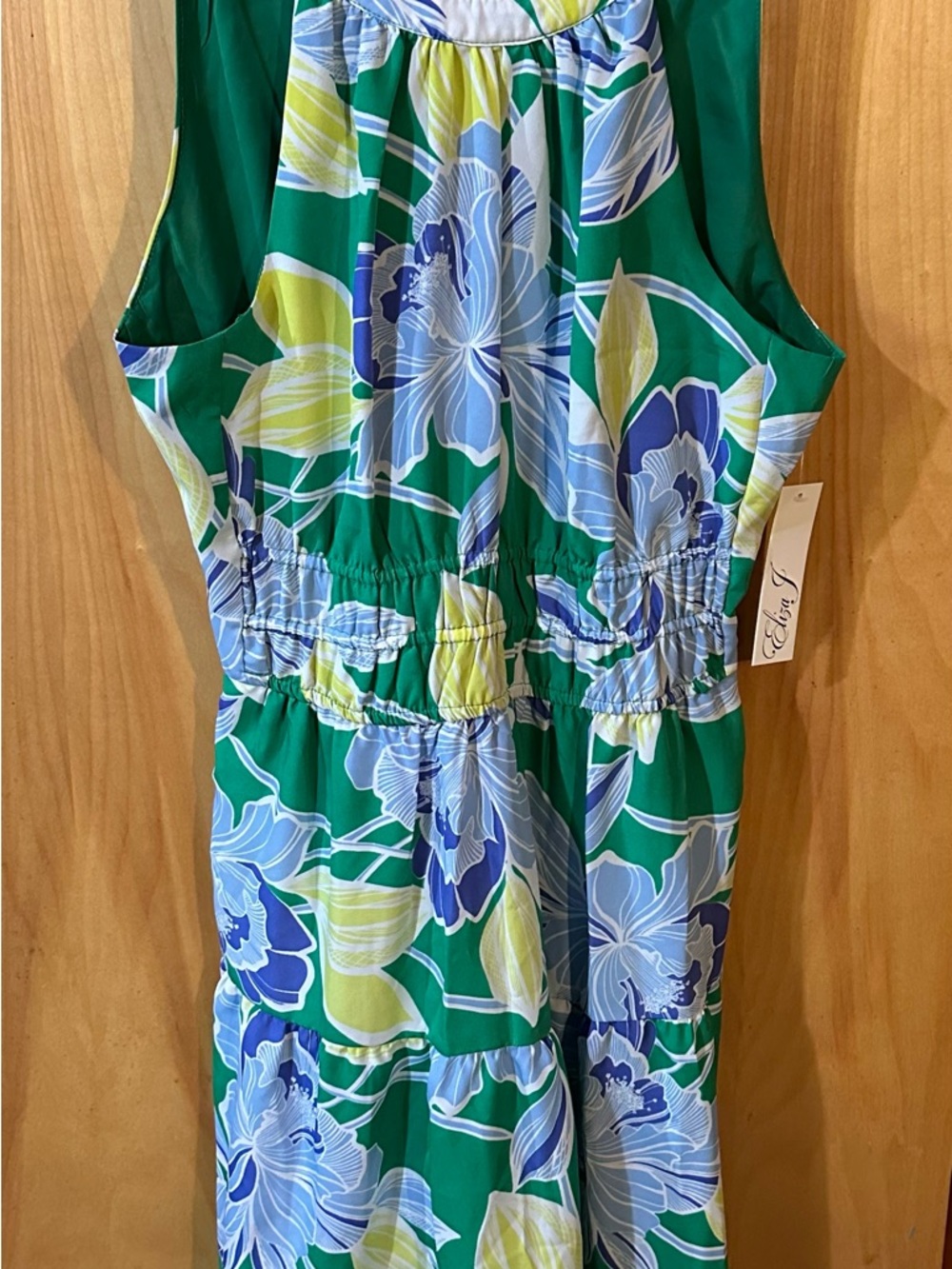 NWT ElizaJ Green Floral Sleeveless Sundress with Blue and Yellow Accents Size: 8